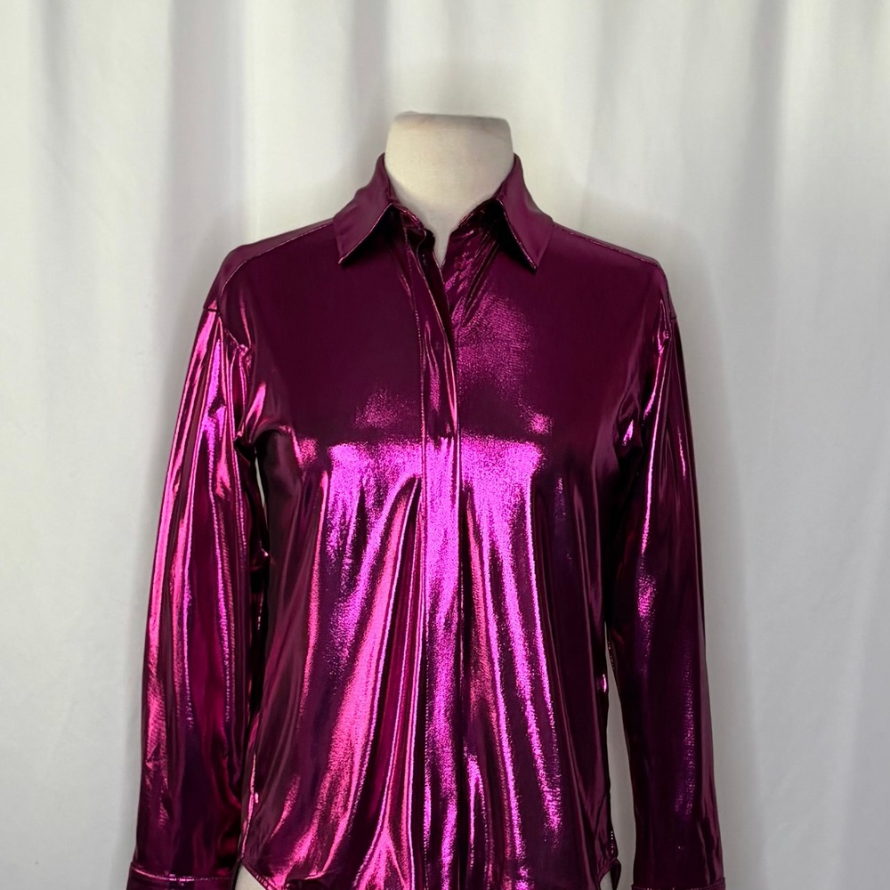 By ANTHROPOLOGIE Magenta Pink Shimmer Shine Lamé Buttondown Top Blouse X-Small - Picture 4 of 16